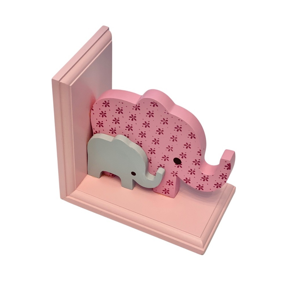 Pink and Gray Elephant Floral Wooden Bookends for Kids Nursery - Picture 7 of 7